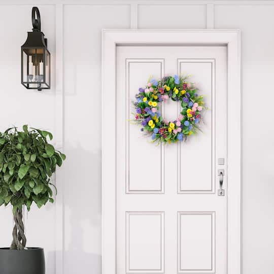24" Pink, Blue & Yellow Spring Echinops & Chrysanthemum Floral Wreath
